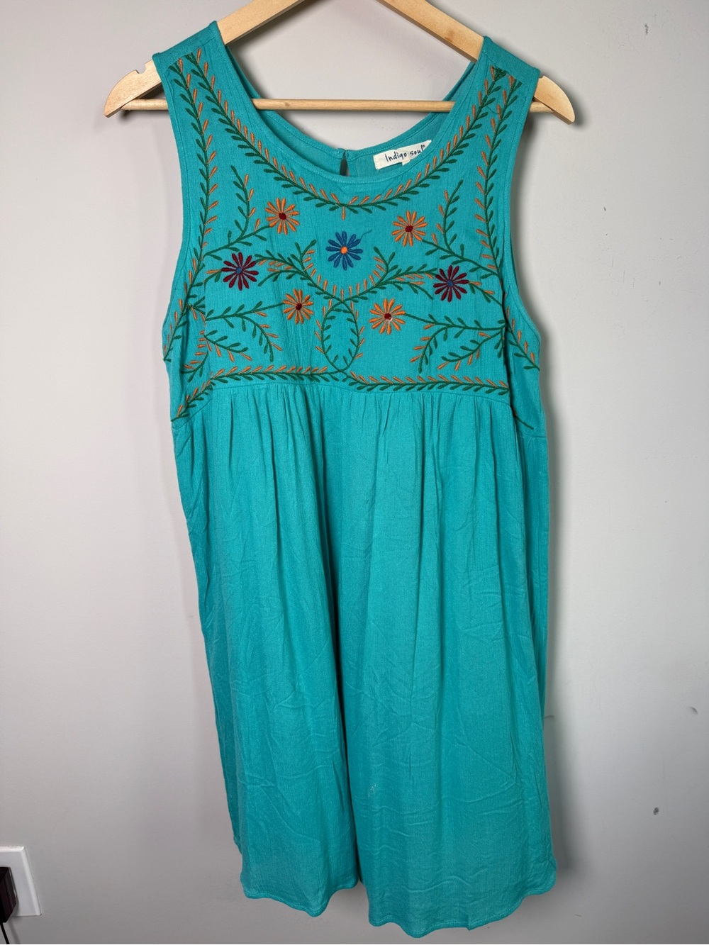 Indigo Soul Teal Embroidered Floral Babydoll Dress Boho Cottagecore Peasant L